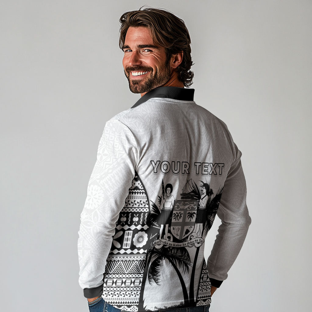 Personalised Fiji Day 2026 Long Sleeve Polo Shirt Masi Tapa Pattern With Palm Tree White Version