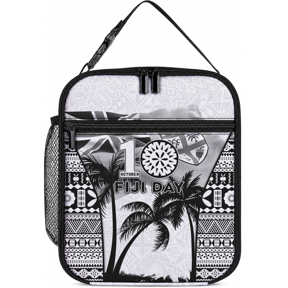 Fiji Day 2026 Lunch Bag Masi Tapa Pattern With Palm Tree White Version LT05 10.2 × 8.3 × 4.3 inch White - Polynesian Pride