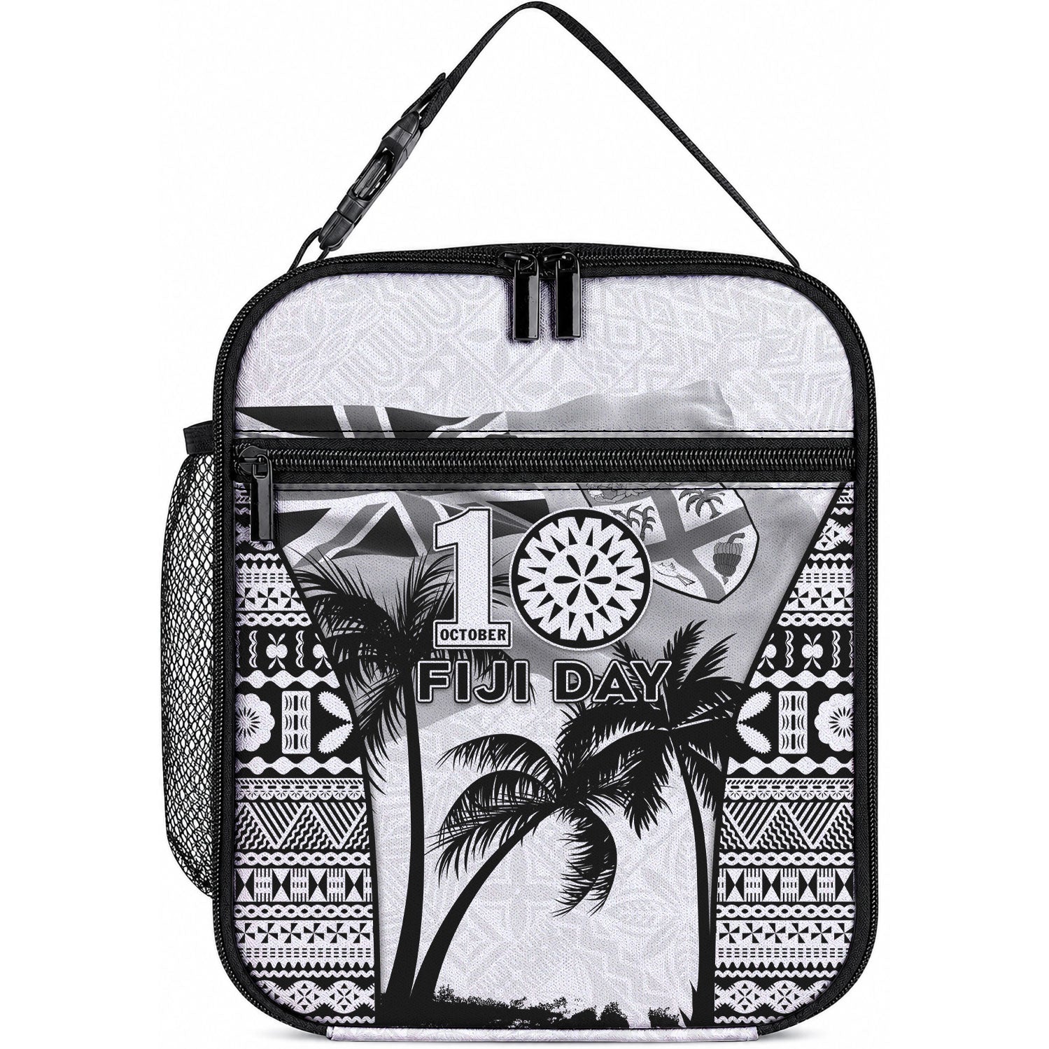 Fiji Day 2026 Lunch Bag Masi Tapa Pattern With Palm Tree White Version LT05 10.2 × 8.3 × 4.3 inch White - Polynesian Pride