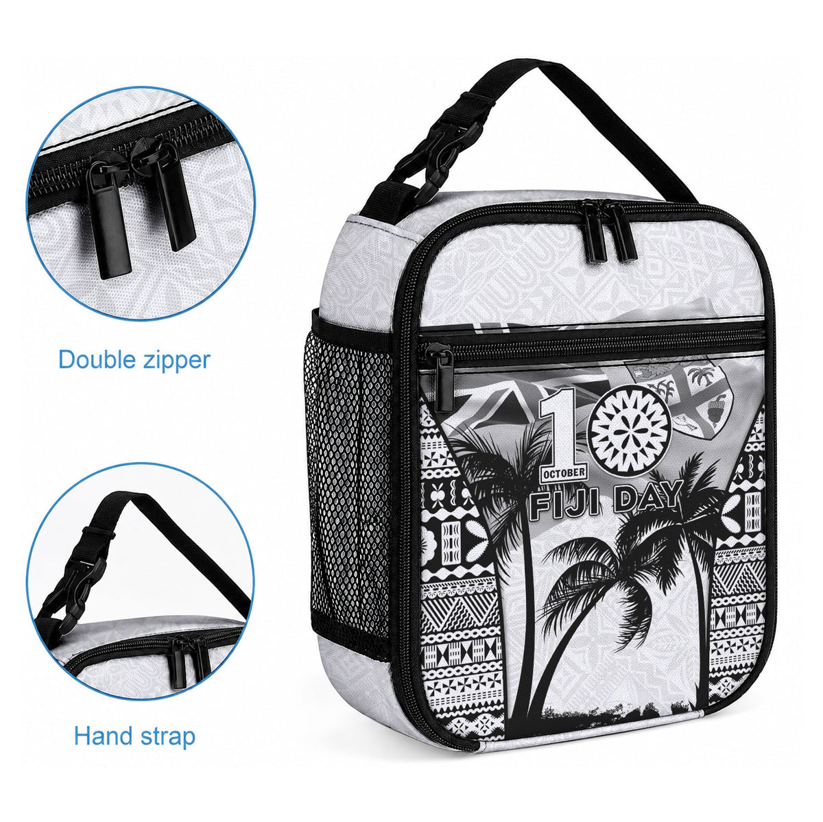 Fiji Day 2026 Lunch Bag Masi Tapa Pattern With Palm Tree White Version LT05 - Polynesian Pride