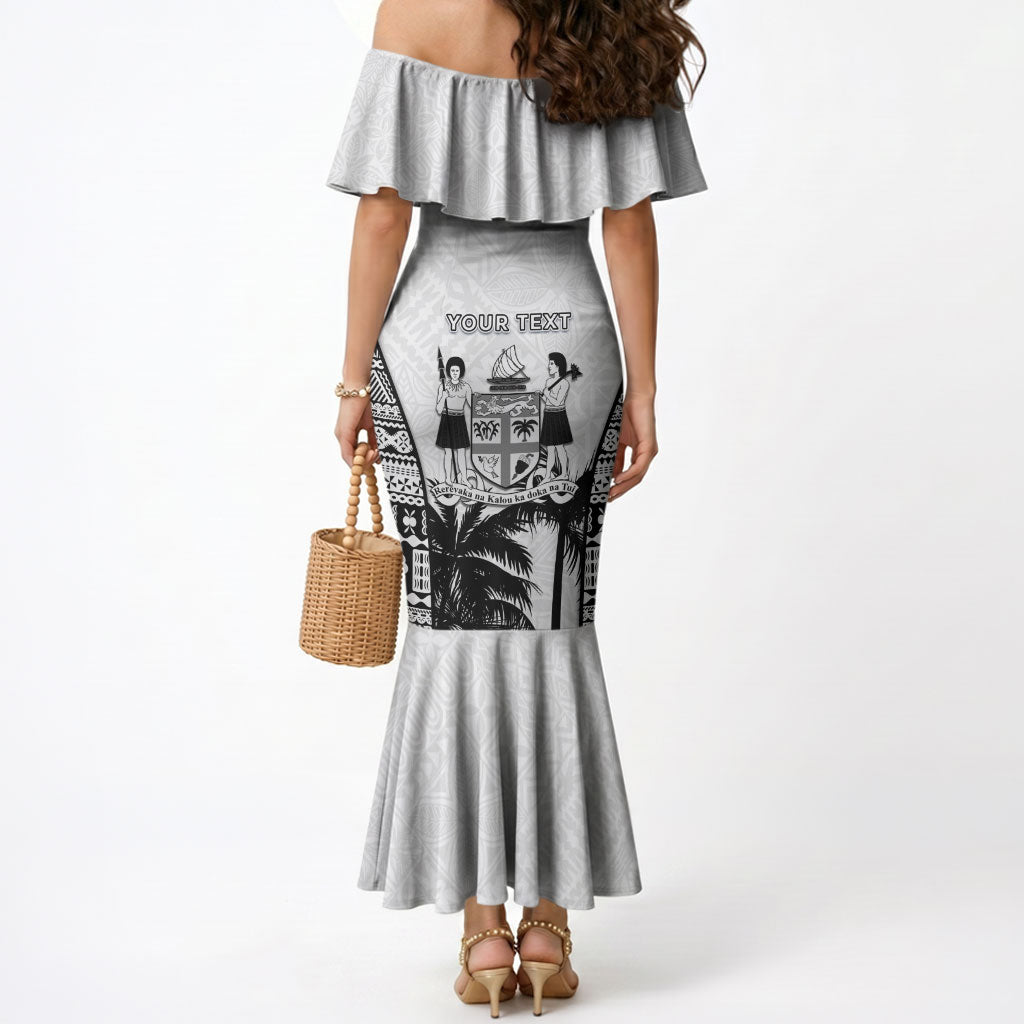 Personalised Fiji Day 2026 Mermaid Dress Masi Tapa Pattern With Palm Tree White Version