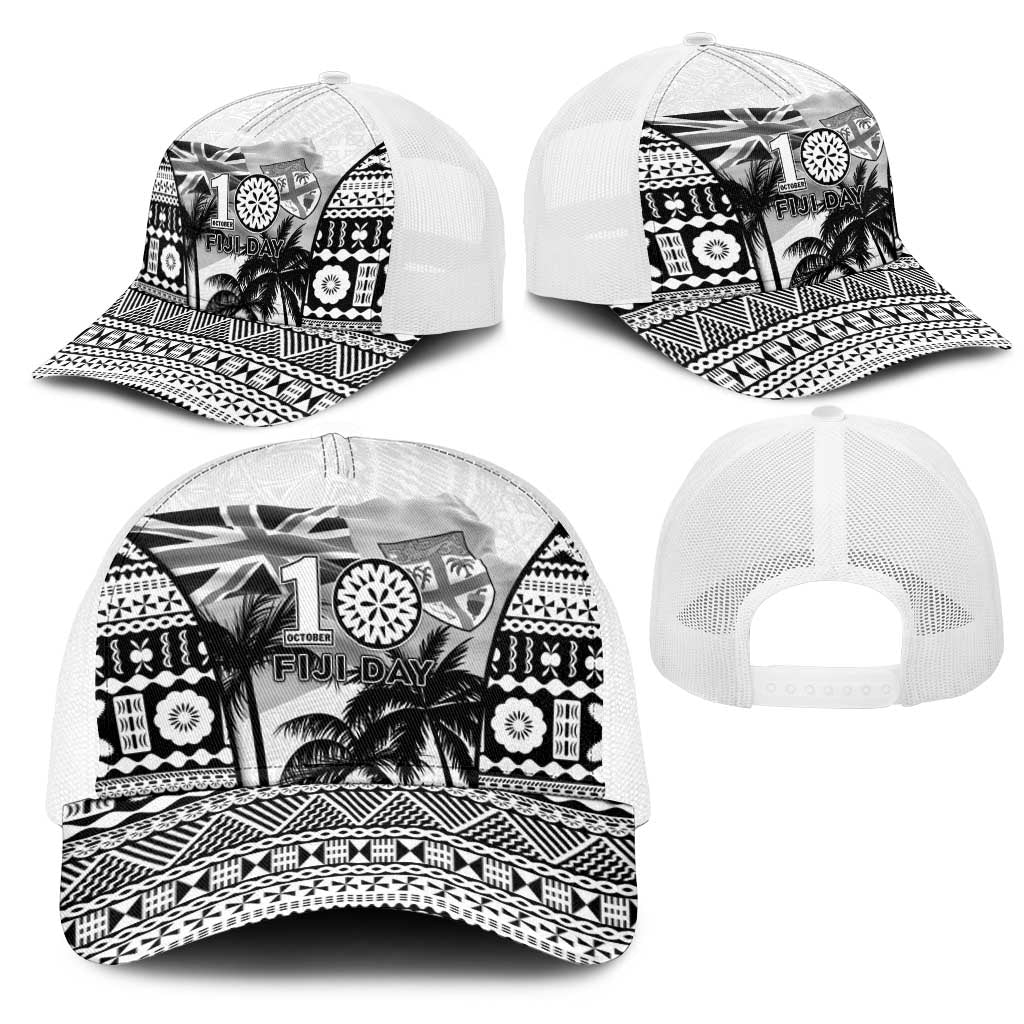 Fiji Day 2026 Mesh Trucker Cap Masi Tapa Pattern With Palm Tree White Version