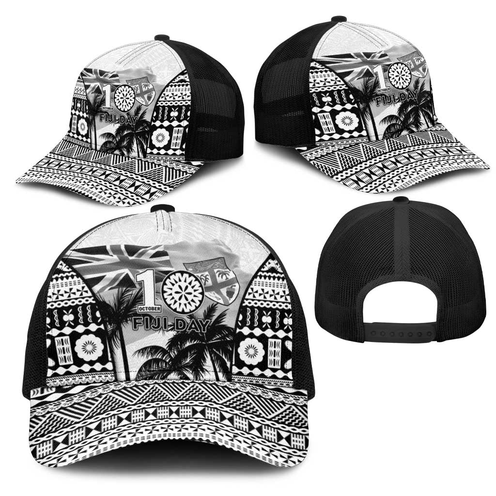Fiji Day 2026 Mesh Trucker Cap Masi Tapa Pattern With Palm Tree White Version