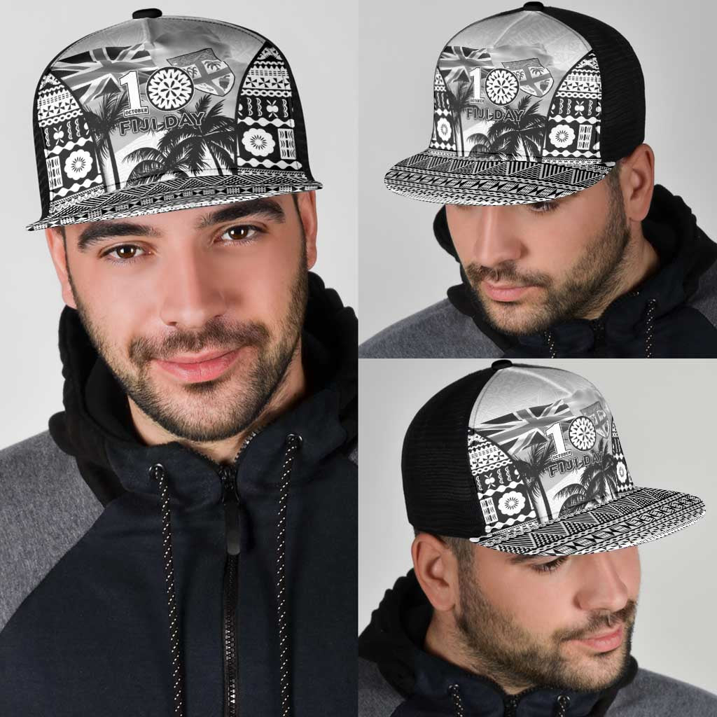 Fiji Day 2026 Mesh Trucker Cap Masi Tapa Pattern With Palm Tree White Version