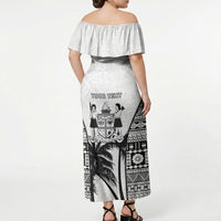 Personalised Fiji Day 2026 Off Shoulder Maxi Dress Masi Tapa Pattern With Palm Tree White Version LT05 - Polynesian Pride