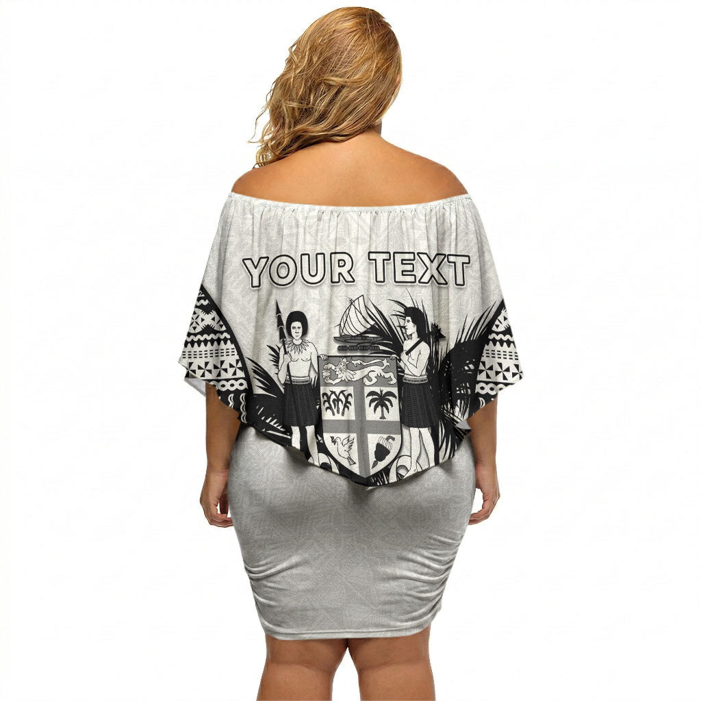 Personalised Fiji Day 2026 Off Shoulder Short Dress Masi Tapa Pattern With Palm Tree White Version LT05 - Polynesian Pride