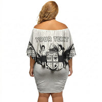 Personalised Fiji Day 2026 Off Shoulder Short Dress Masi Tapa Pattern With Palm Tree White Version LT05 - Polynesian Pride