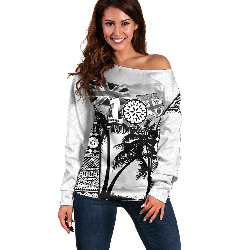 Personalised Fiji Day 2026 Off Shoulder Sweater Masi Tapa Pattern With Palm Tree White Version