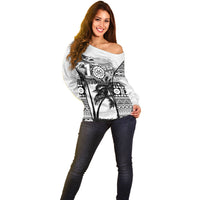 Personalised Fiji Day 2026 Off Shoulder Sweater Masi Tapa Pattern With Palm Tree White Version