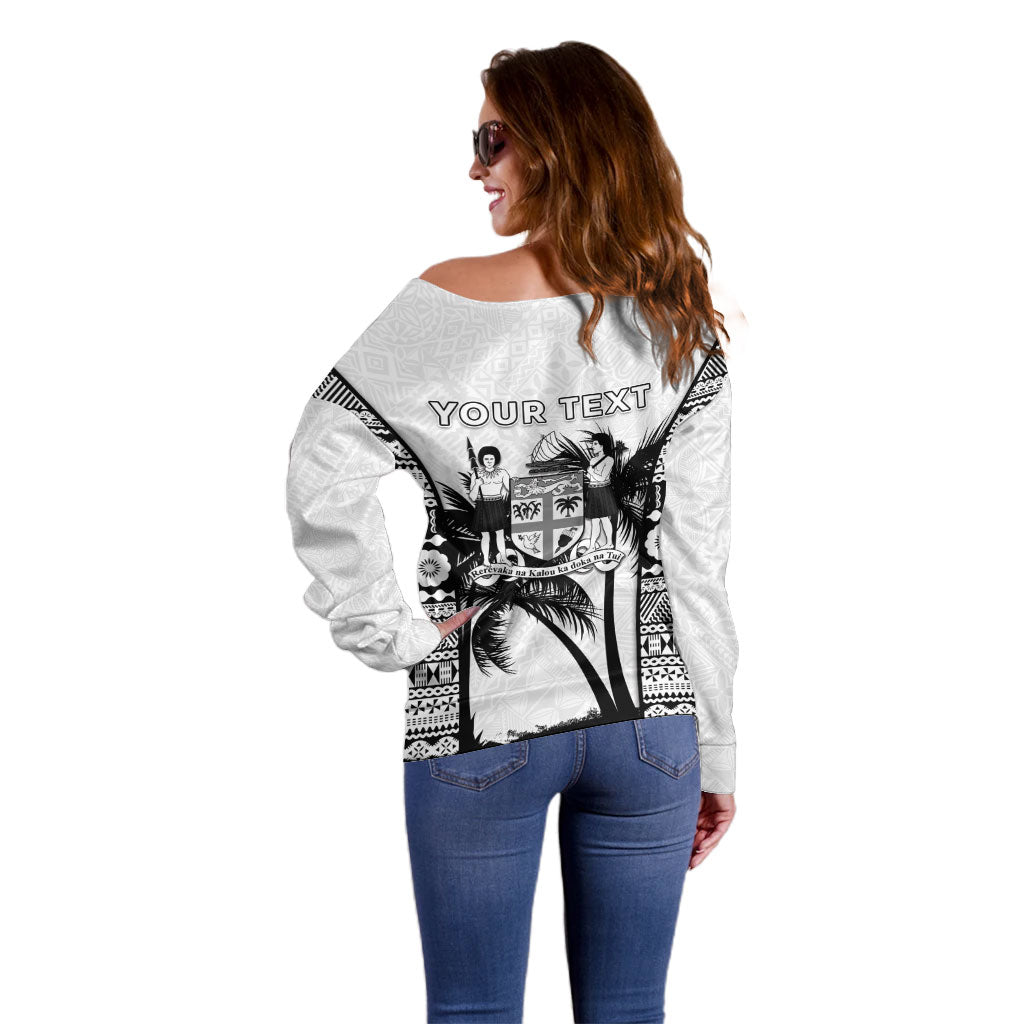 Personalised Fiji Day 2026 Off Shoulder Sweater Masi Tapa Pattern With Palm Tree White Version