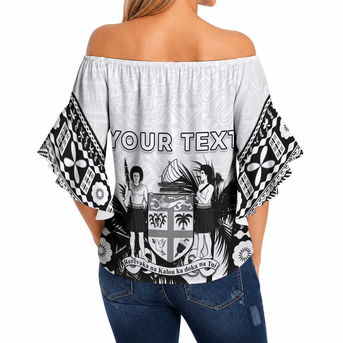 Personalised Fiji Day 2026 Off Shoulder Wrap Waist Top Masi Tapa Pattern With Palm Tree White Version
