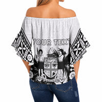 Personalised Fiji Day 2026 Off Shoulder Wrap Waist Top Masi Tapa Pattern With Palm Tree White Version