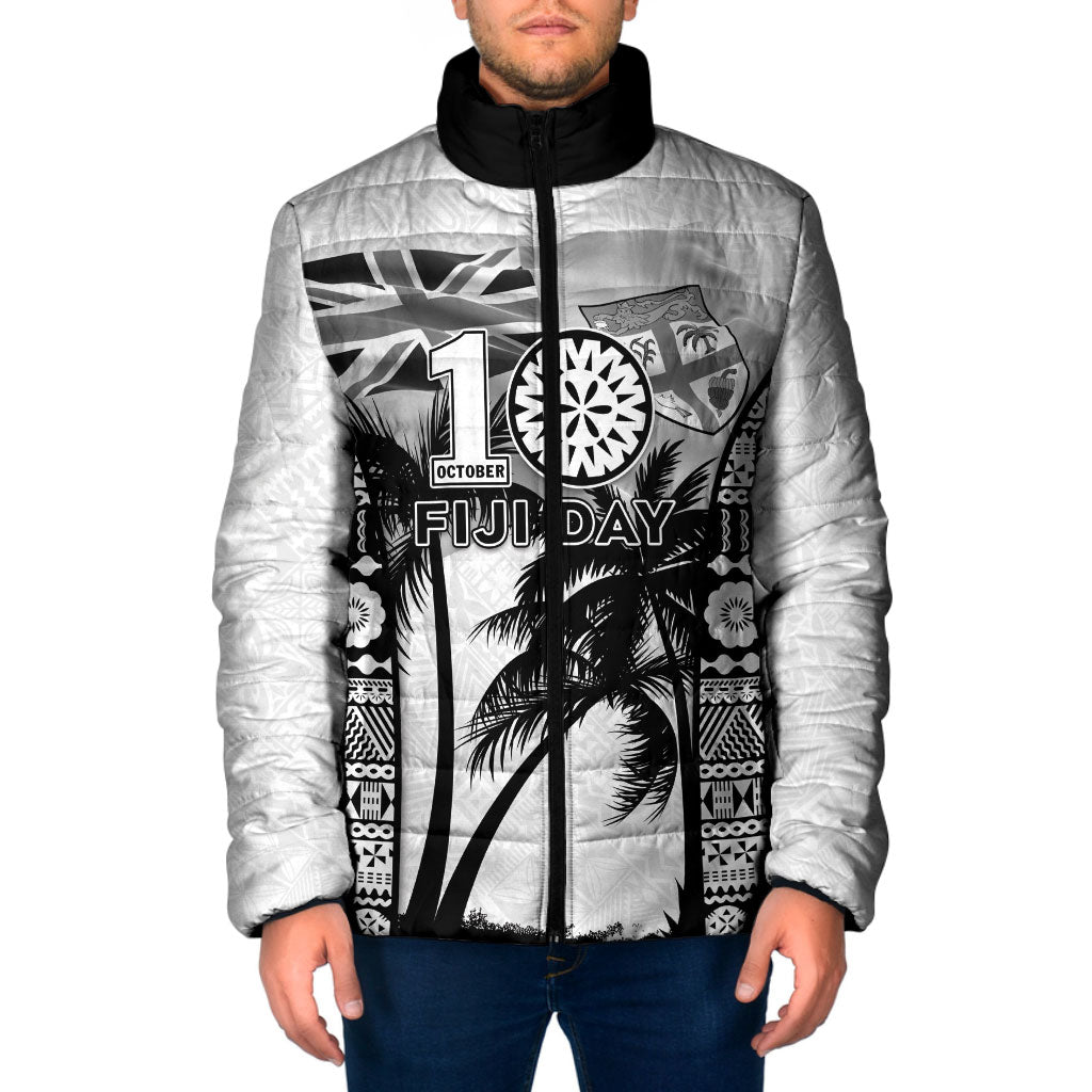 Personalised Fiji Day 2026 Padded Jacket Masi Tapa Pattern With Palm Tree White Version LT05 Men White - Polynesian Pride