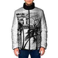 Personalised Fiji Day 2026 Padded Jacket Masi Tapa Pattern With Palm Tree White Version LT05 Men White - Polynesian Pride