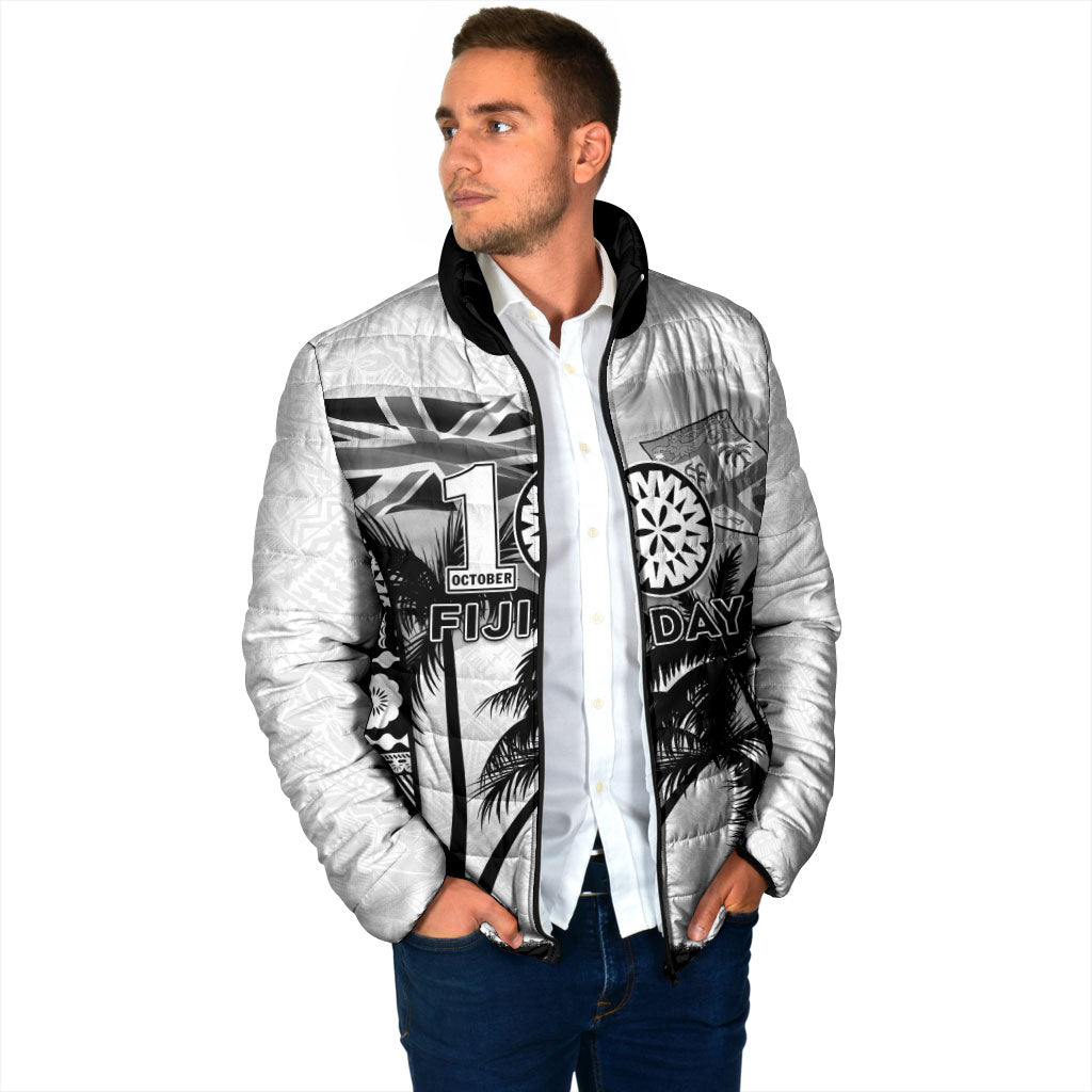 Personalised Fiji Day 2026 Padded Jacket Masi Tapa Pattern With Palm Tree White Version LT05 - Polynesian Pride