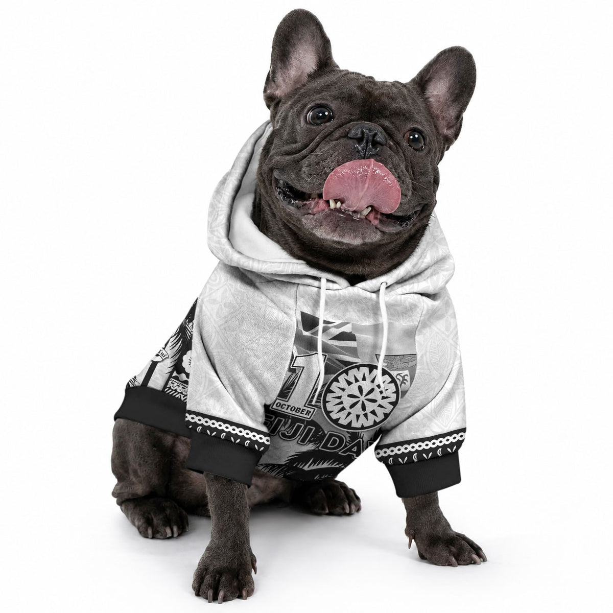 Personalised Fiji Day 2026 Pet Hoodie Masi Tapa Pattern With Palm Tree White Version LT05 - Polynesian Pride