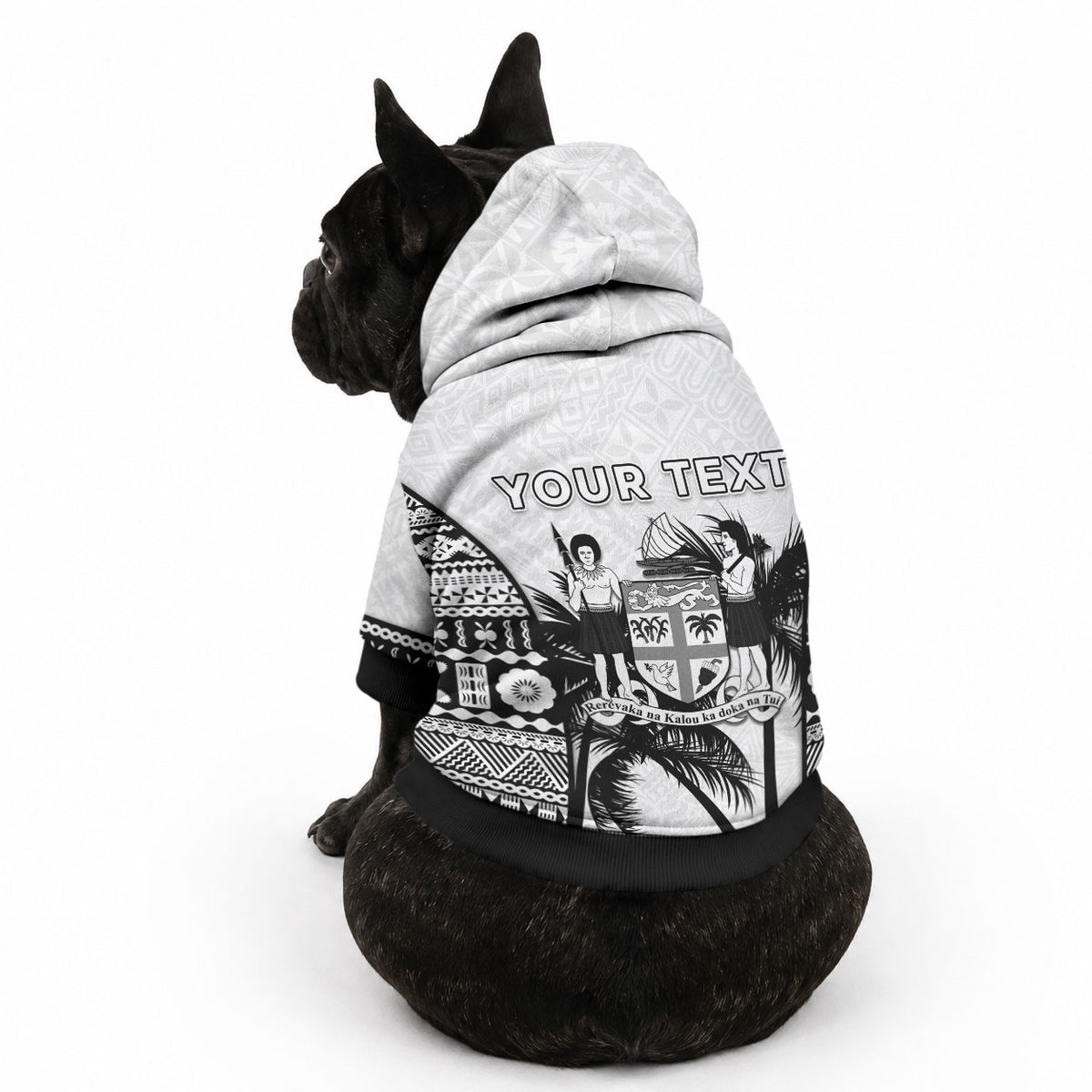 Personalised Fiji Day 2026 Pet Hoodie Masi Tapa Pattern With Palm Tree White Version LT05 - Polynesian Pride