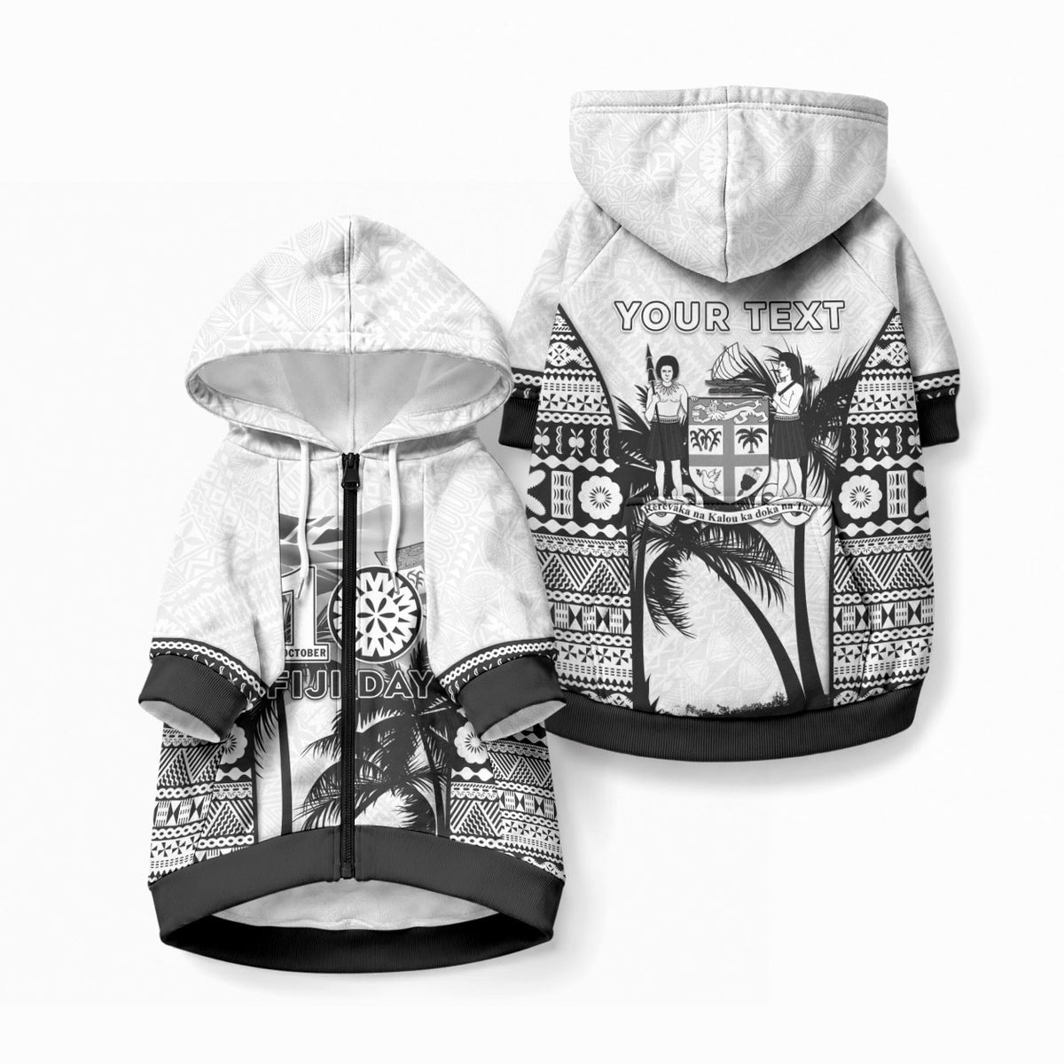 Personalised Fiji Day 2026 Pet Hoodie Masi Tapa Pattern With Palm Tree White Version LT05 Zip-up White - Polynesian Pride
