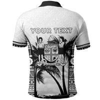 Personalised Fiji Day 2026 Polo Shirt Masi Tapa Pattern With Palm Tree White Version