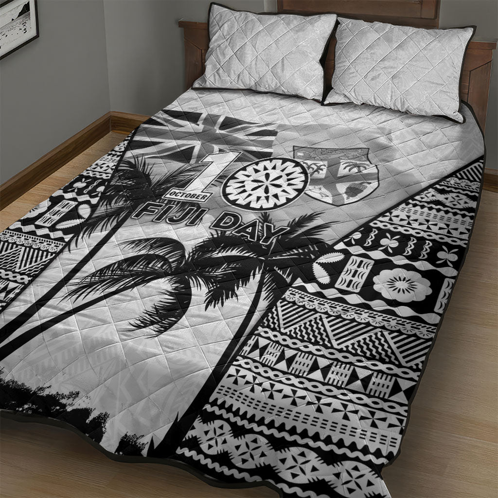 Fiji Day 2026 Quilt Bed Set Masi Tapa Pattern With Palm Tree White Version LT05 - Polynesian Pride