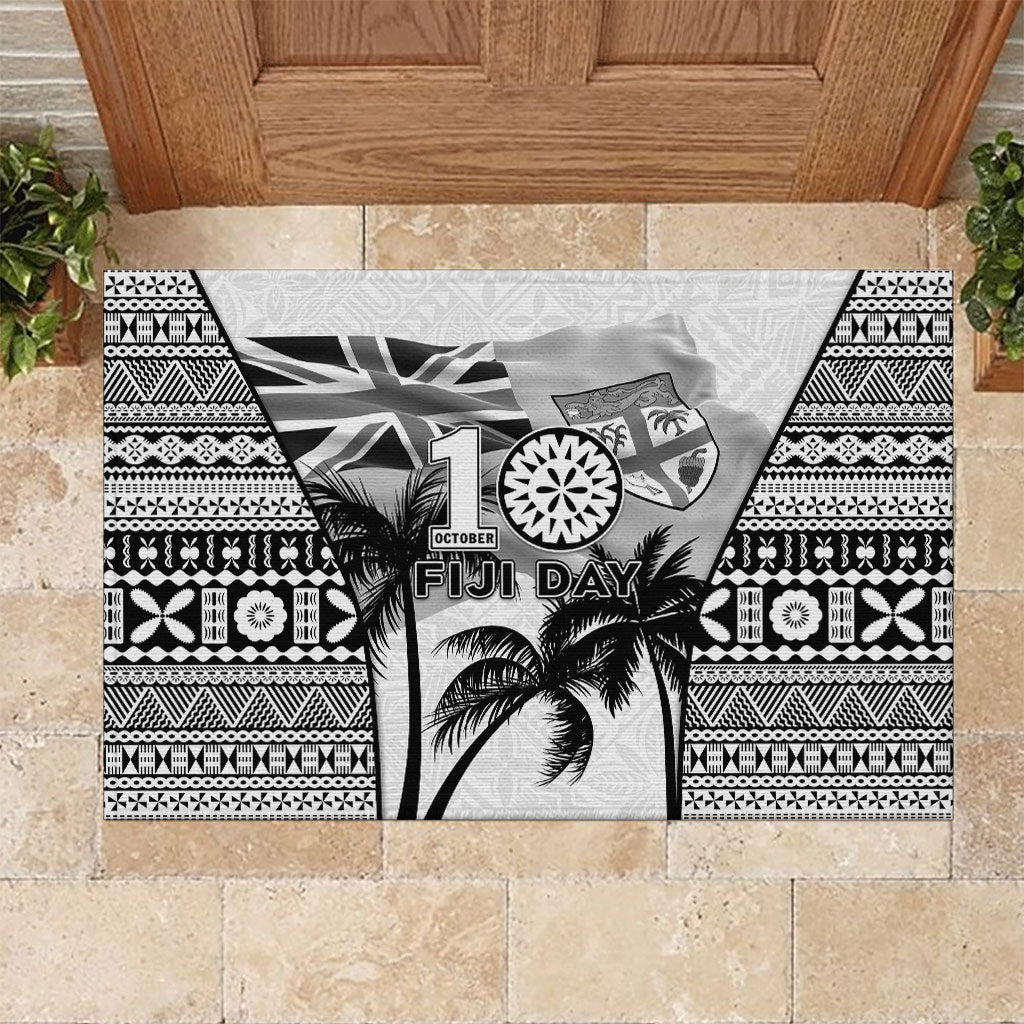 Fiji Day 2026 Rubber Doormat Masi Tapa Pattern With Palm Tree White Version