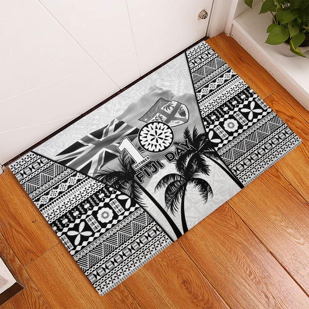Fiji Day 2026 Rubber Doormat Masi Tapa Pattern With Palm Tree White Version LT05 - Polynesian Pride
