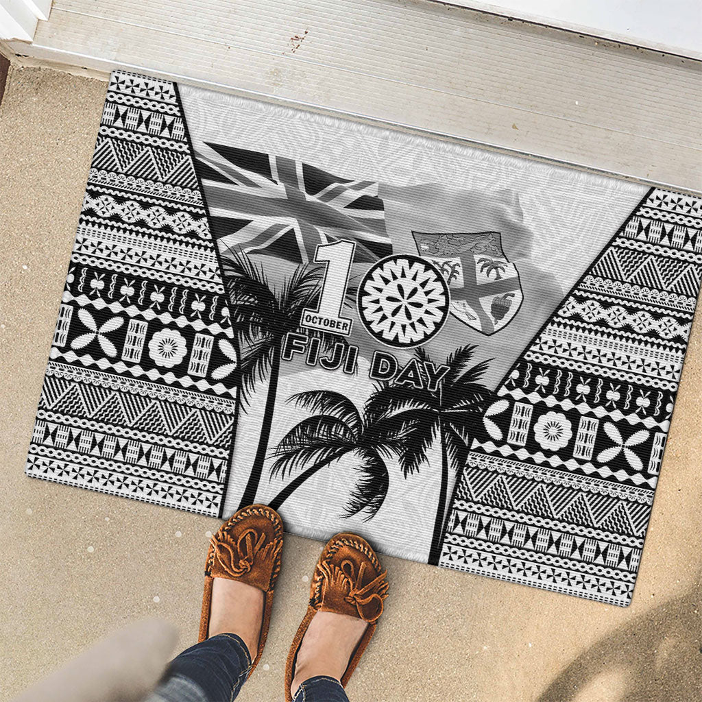Fiji Day 2026 Rubber Doormat Masi Tapa Pattern With Palm Tree White Version LT05 - Polynesian Pride