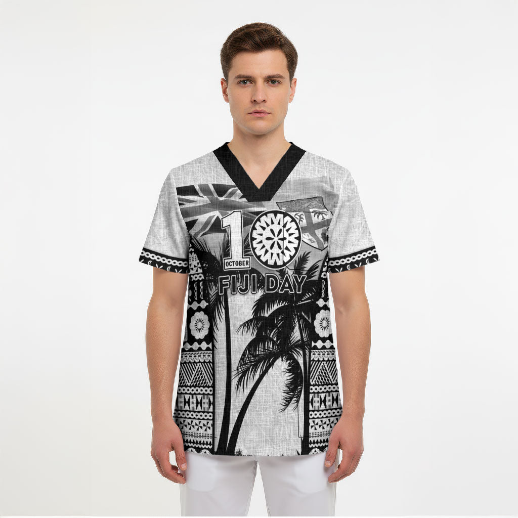 Personalised Fiji Day 2026 Scrub Top Masi Tapa Pattern With Palm Tree White Version