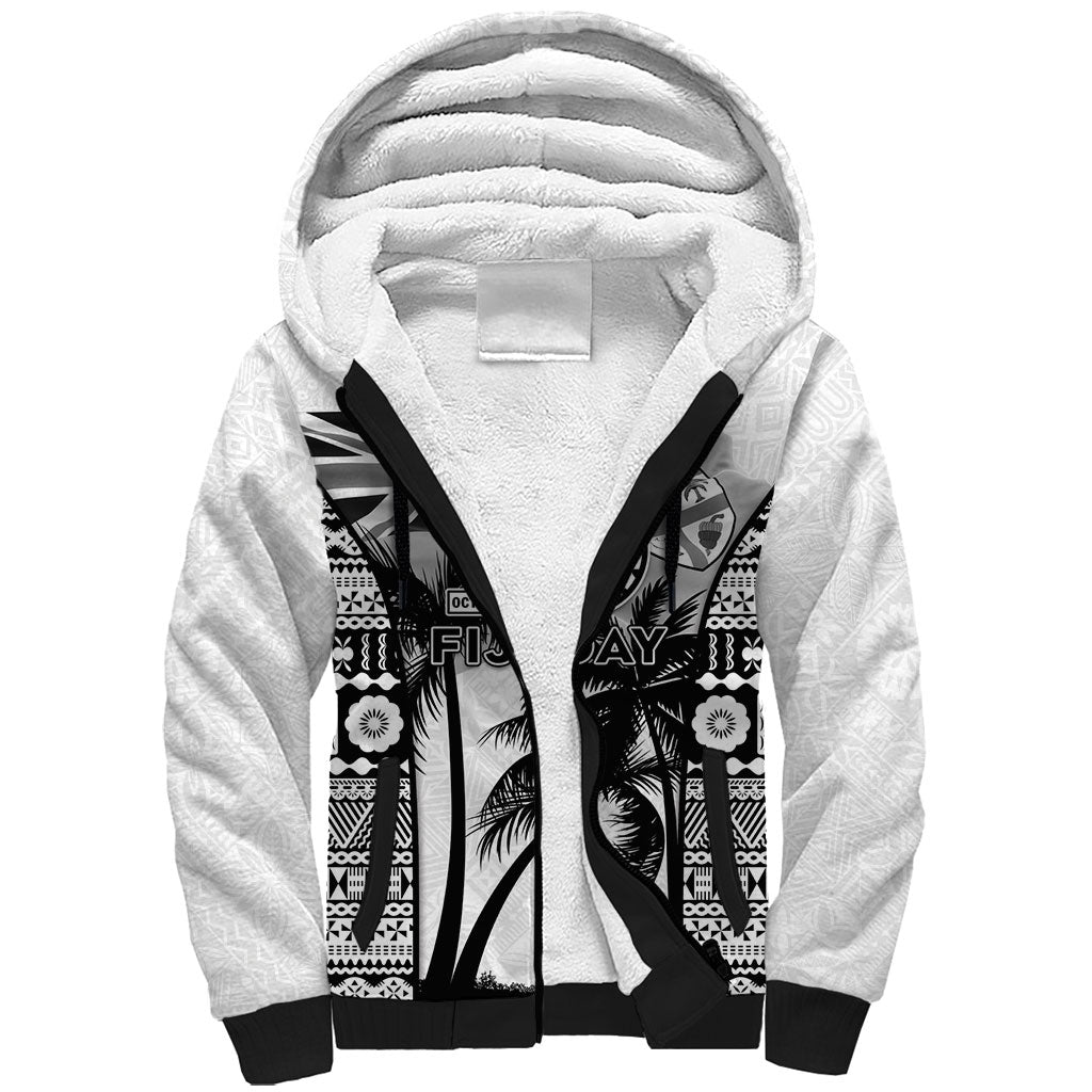 Personalised Fiji Day 2026 Sherpa Hoodie Masi Tapa Pattern With Palm Tree White Version