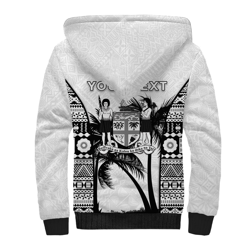 Personalised Fiji Day 2026 Sherpa Hoodie Masi Tapa Pattern With Palm Tree White Version