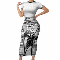 Personalised Fiji Day 2026 Short Sleeve Bodycon Dress Masi Tapa Pattern With Palm Tree White Version LT05 Long Dress White - Polynesian Pride