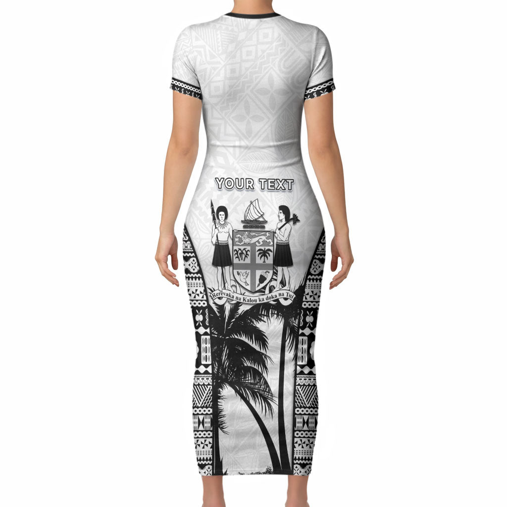 Personalised Fiji Day 2026 Short Sleeve Bodycon Dress Masi Tapa Pattern With Palm Tree White Version LT05 - Polynesian Pride