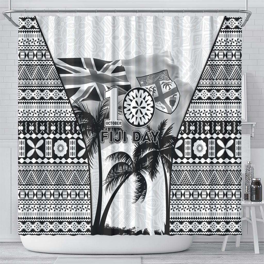 Fiji Day 2026 Shower Curtain Masi Tapa Pattern With Palm Tree White Version