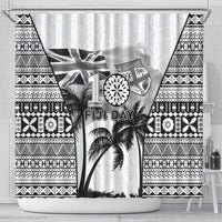 Fiji Day 2026 Shower Curtain Masi Tapa Pattern With Palm Tree White Version