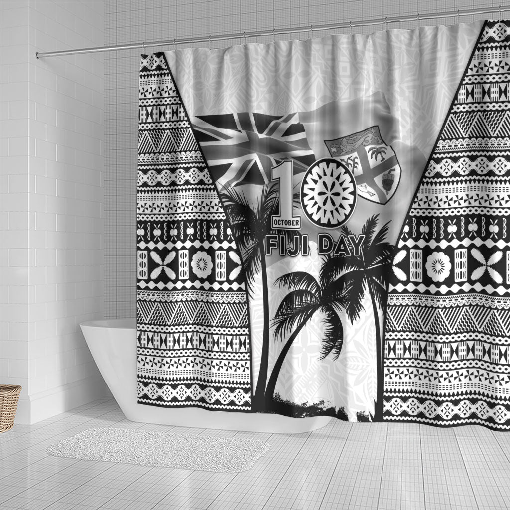 Fiji Day 2026 Shower Curtain Masi Tapa Pattern With Palm Tree White Version