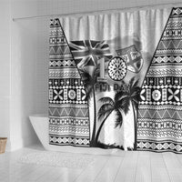 Fiji Day 2026 Shower Curtain Masi Tapa Pattern With Palm Tree White Version
