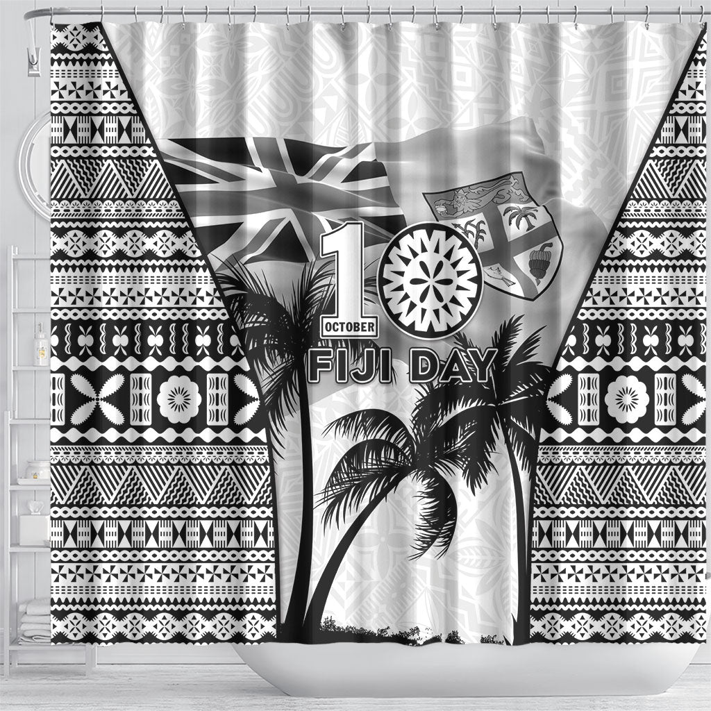 Fiji Day 2026 Shower Curtain Masi Tapa Pattern With Palm Tree White Version