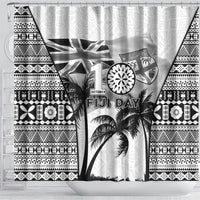Fiji Day 2026 Shower Curtain Masi Tapa Pattern With Palm Tree White Version