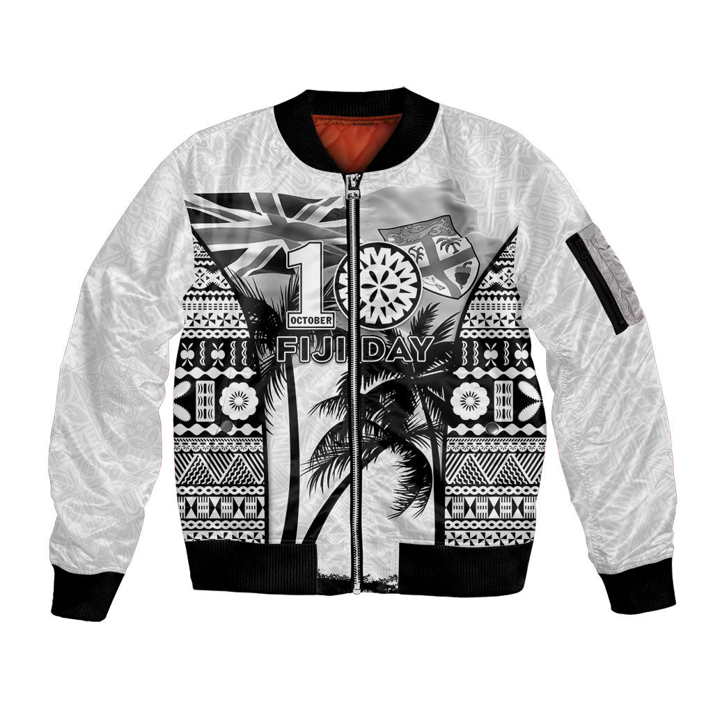 Personalised Fiji Day 2026 Sleeve Zip Bomber Jacket Masi Tapa Pattern With Palm Tree White Version