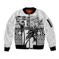 Personalised Fiji Day 2026 Sleeve Zip Bomber Jacket Masi Tapa Pattern With Palm Tree White Version