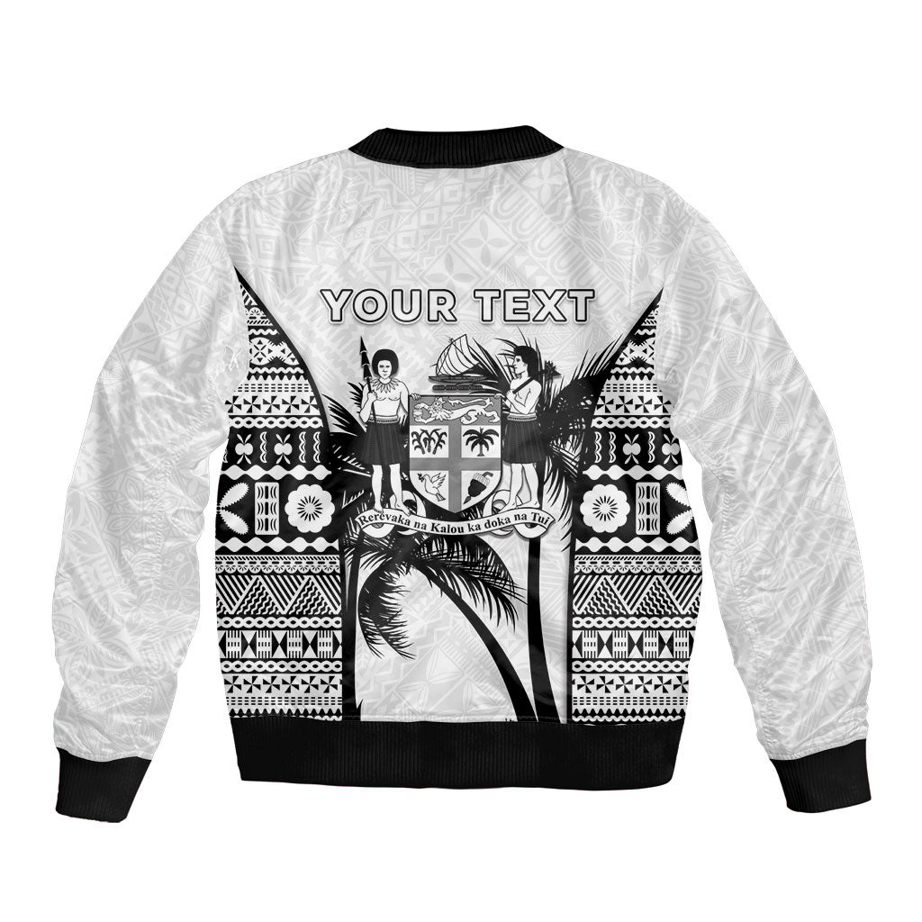 Personalised Fiji Day 2026 Sleeve Zip Bomber Jacket Masi Tapa Pattern With Palm Tree White Version