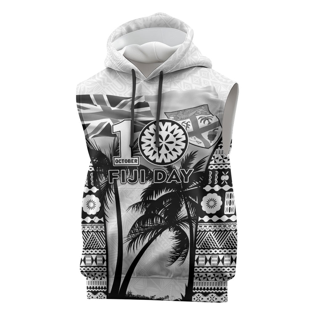 Personalised Fiji Day 2026 Sleeveless Hoodie Masi Tapa Pattern With Palm Tree White Version LT05 White - Polynesian Pride