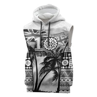 Personalised Fiji Day 2026 Sleeveless Hoodie Masi Tapa Pattern With Palm Tree White Version LT05 White - Polynesian Pride