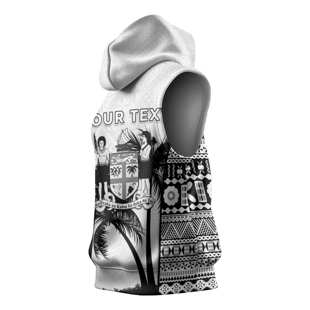 Personalised Fiji Day 2026 Sleeveless Hoodie Masi Tapa Pattern With Palm Tree White Version LT05 - Polynesian Pride