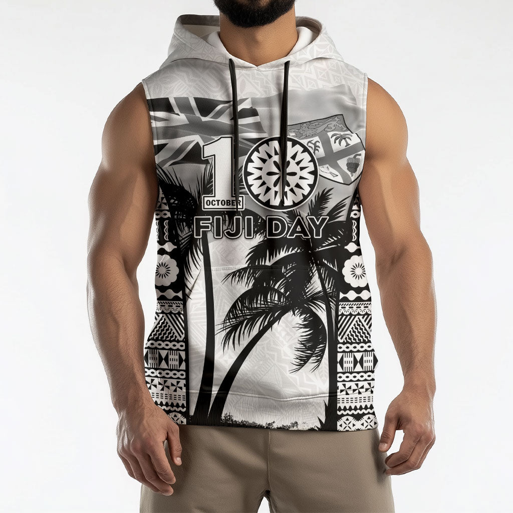 Personalised Fiji Day 2026 Sleeveless Hoodie Masi Tapa Pattern With Palm Tree White Version LT05 - Polynesian Pride