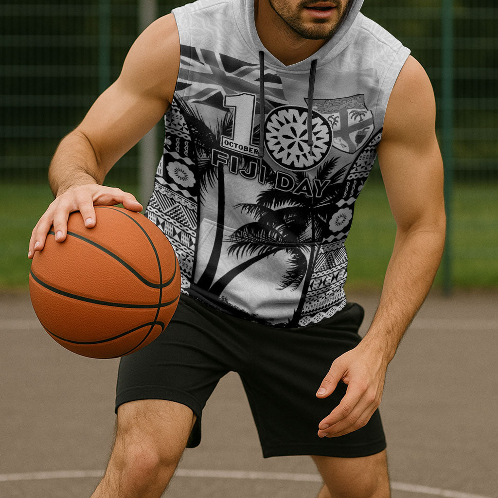 Personalised Fiji Day 2026 Sleeveless Hoodie Masi Tapa Pattern With Palm Tree White Version LT05 - Polynesian Pride
