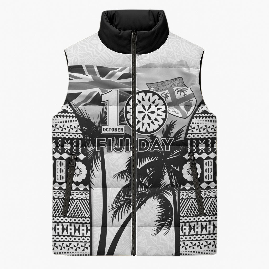 Personalised Fiji Day 2026 Sleeveless Puffer Jacket Masi Tapa Pattern With Palm Tree White Version