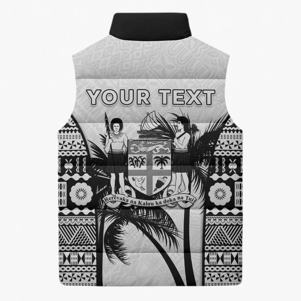 Personalised Fiji Day 2026 Sleeveless Puffer Jacket Masi Tapa Pattern With Palm Tree White Version