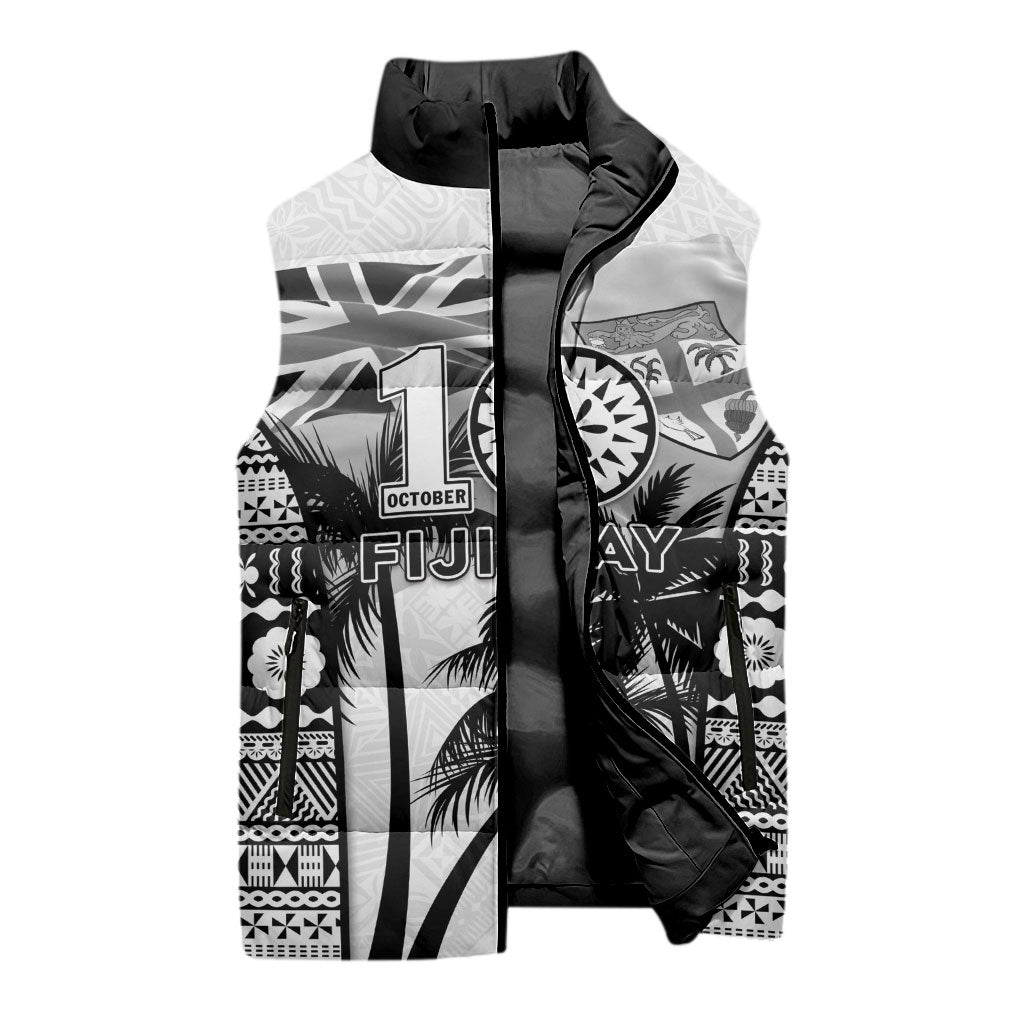 Personalised Fiji Day 2026 Sleeveless Puffer Jacket Masi Tapa Pattern With Palm Tree White Version