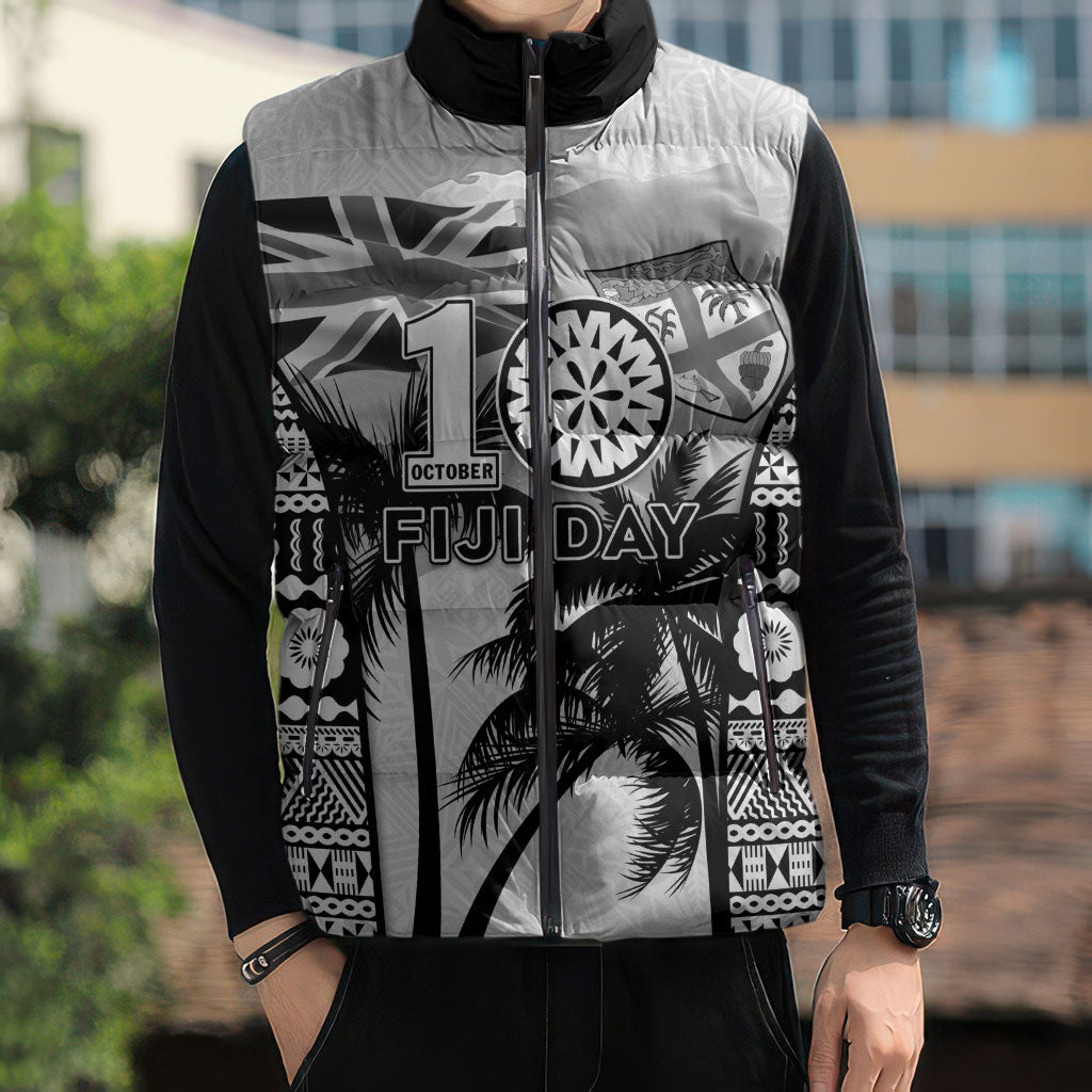 Personalised Fiji Day 2026 Sleeveless Puffer Jacket Masi Tapa Pattern With Palm Tree White Version